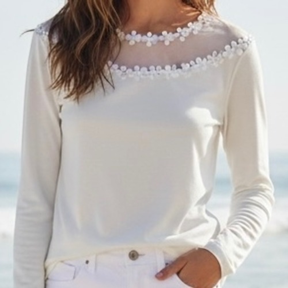 Womens Floral Mesh Yoke Long Sleeve Top Cream Lace Sz Med Beaded Coquette Boho